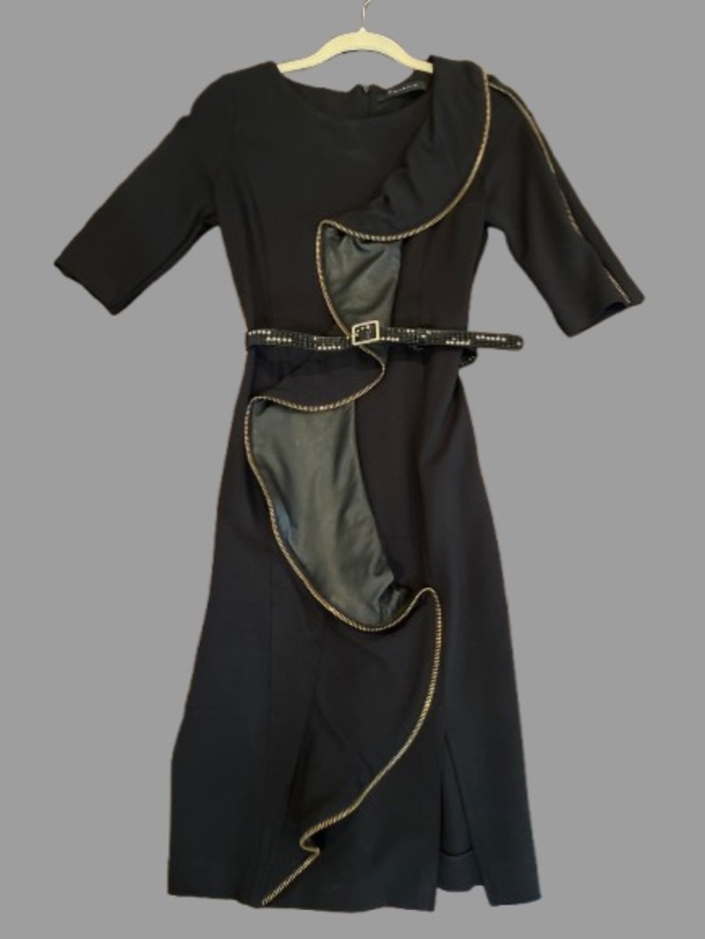 Italian-made Black Ruffle-Trim Belted Midi Dress